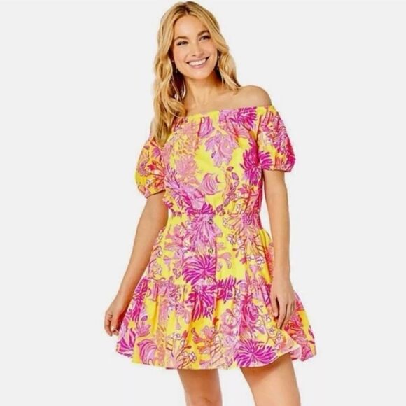 Lilly Pulitzer Jesiba Off-Shoulder Dress XL Yellow Pink Floral - Picture 1 of 2